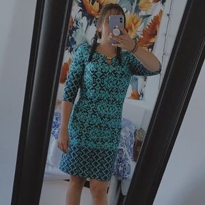 Patterned Navy and Turquoise Straight Dress